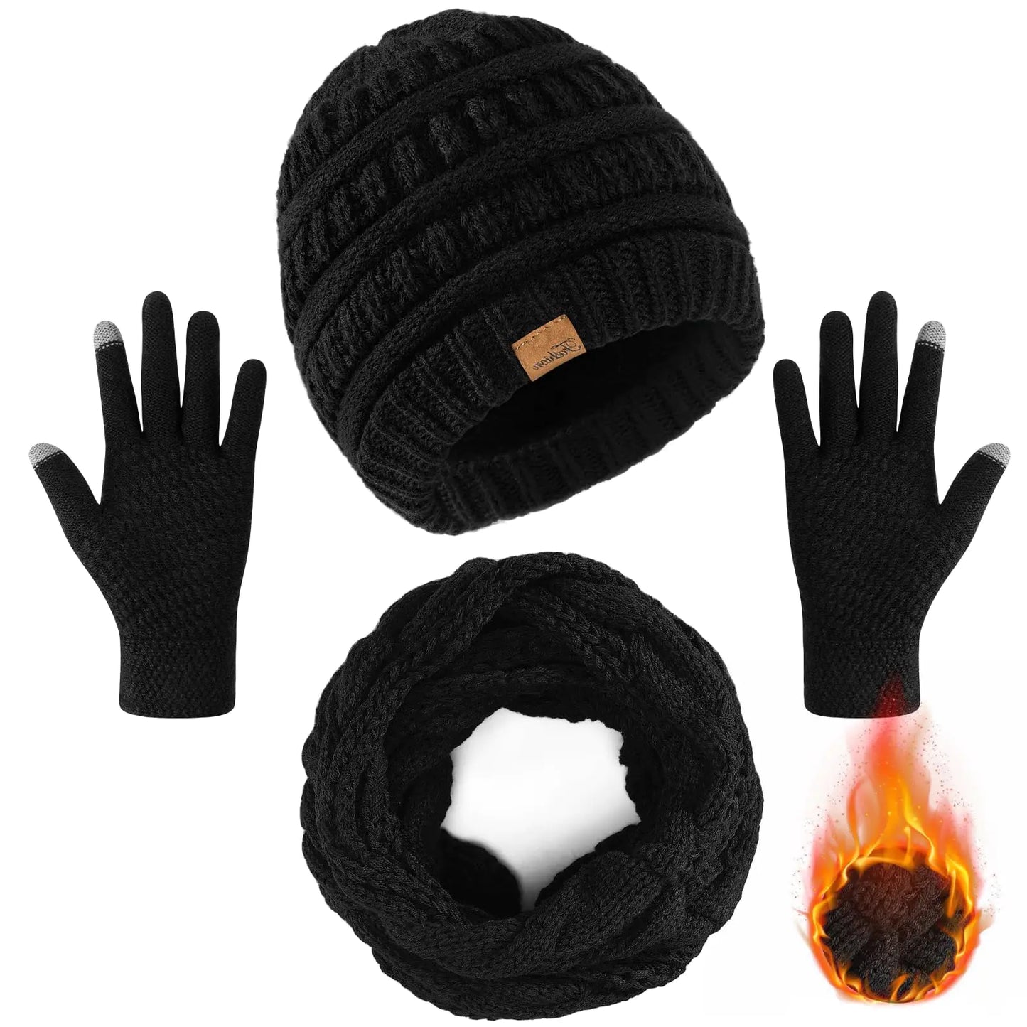 Winter Beanie Hat Scarf Gloves Warm Fleece Knit Winter Hats Touch Screen Gloves Neck Scarf Set Winter Gifts for Unisex Adult