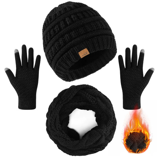 Winter Beanie Hat Scarf Gloves Warm Fleece Knit Winter Hats Touch Screen Gloves Neck Scarf Set Winter Gifts for Unisex Adult